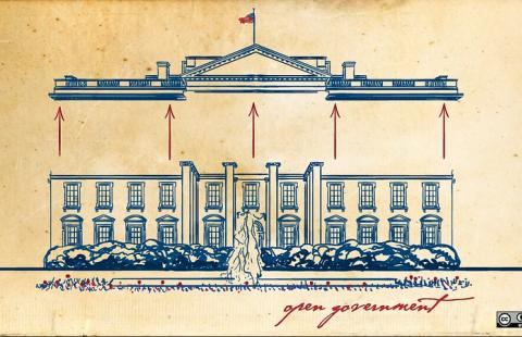 Drawing of the White House with arrows lifting the roof and "open government" written across bottom