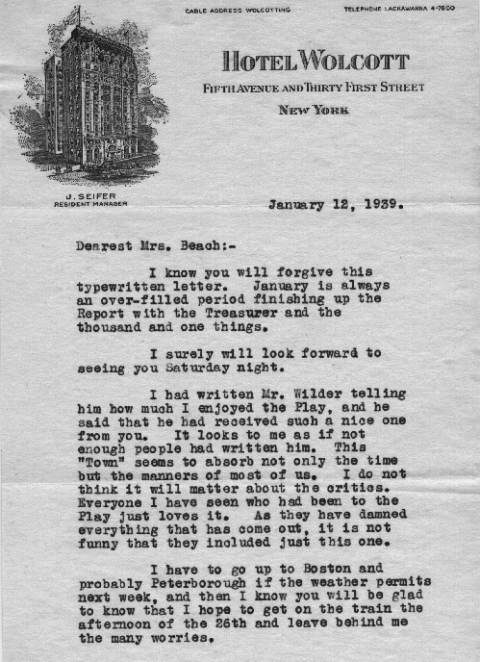 Marian MacDowell to Mrs. H.H.A. Beach letter