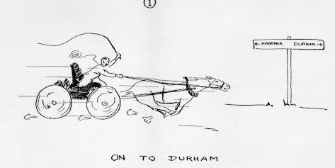 Cartoon of Dean Charles Pettee in horse drawn buggy