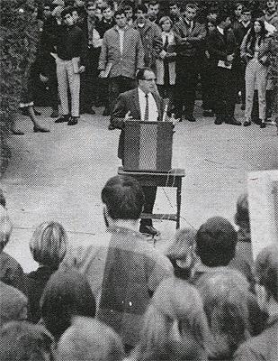 University President McConnell at Convocation for Students' Rights in front of T-Hall, 1968