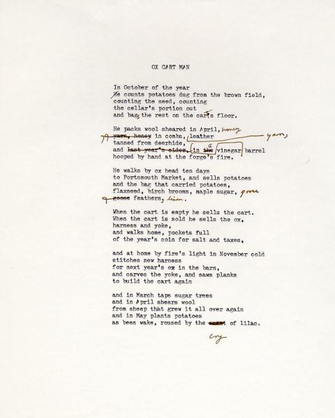 Ox Cart Man, draft 12, typewritten on white paper with corrections done in black ink