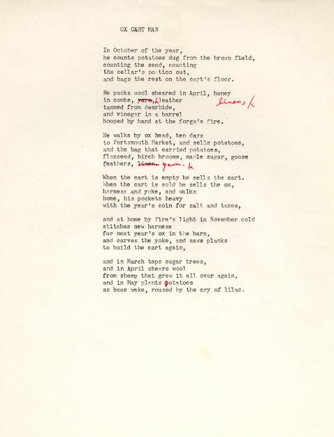 Ox Cart Man, draft 13, typewritten and red ink used for corrections