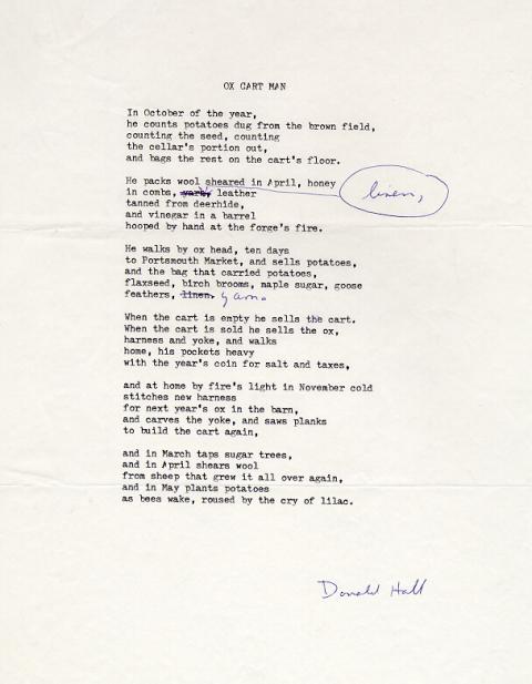 Ox Cart Man, draft 14, typewritten and blue ink used for corrections, signature of Donald Hall at the bottom
