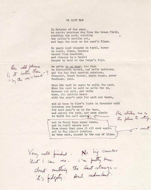 Ox Cart Man, draft 16, typewritten, multiple notes written in black ink