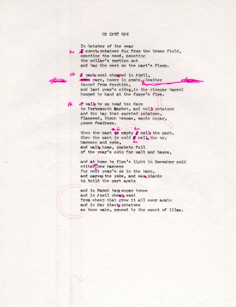 Ox Cart Man, draft 10, typewritten on white paper with pink ink used for corrections