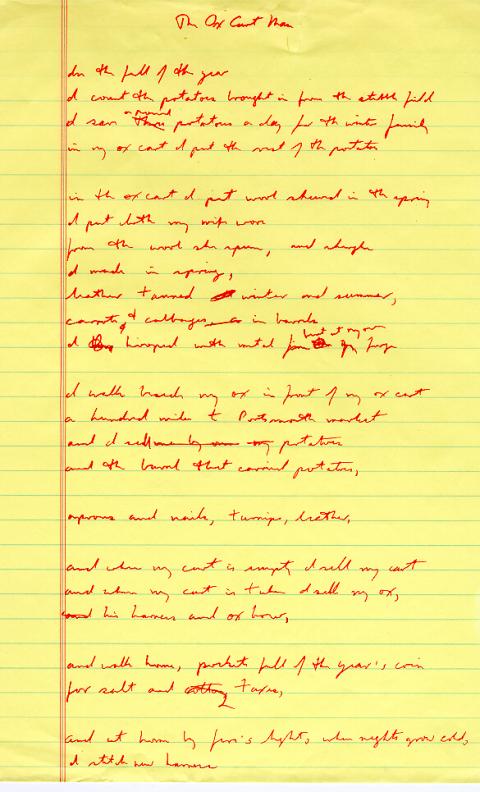 The Ox Cart Man, draft 2, written in red ink on yellow legal pad paper, corrections and cross outs done in red ink