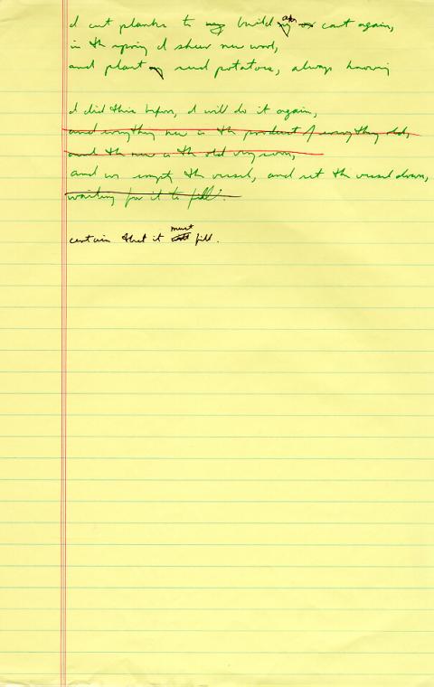 Ox Cart Man, draft 3, page 2, written in green ink with red and black ink used for corrections, title of poem changed