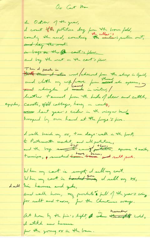 Ox Cart Man, draft 3, written in green ink with red and black ink used for corrections, title of poem changed