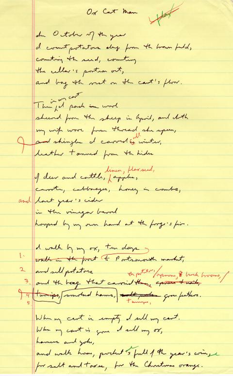 Ox Cart Man, draft 4 written in black ink, red ink used for corrections, many corrections in this draft