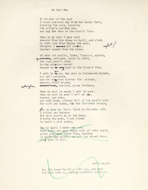 Ox Cart Man, draft 6, written using typewriter on white paper, corrections done in black and green ink