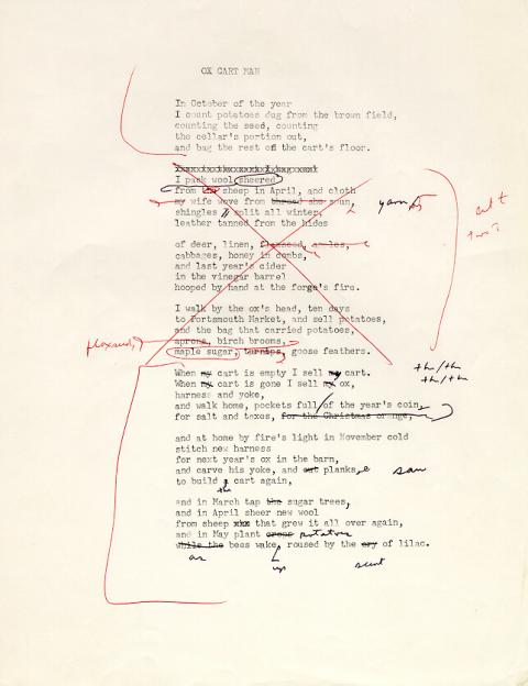 Ox Cart Man, draft 7, written using typewriter, many corrections made in black and red ink