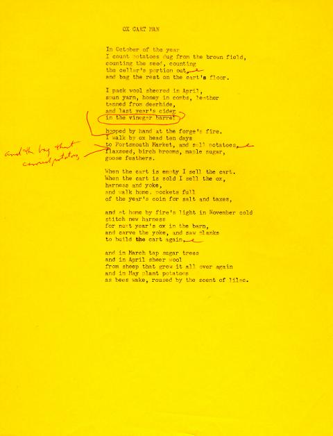 Ox Cart Man, draft 8, typewritten on bright yellow paper, red ink used for corrections