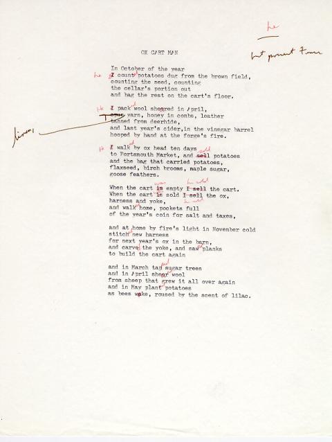 Ox Cart Man, draft 9, typewritten on white paper, black and red ink used for corrections