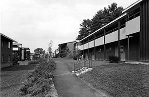 View of Forest Park Apartments with walkway in the middle.