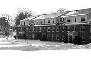 Gibbs Hall in the snow from across the Lower Quad, December 1959.