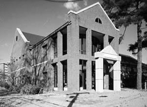 Entrance to Health Services Building with Stoke Hall visible in the background.