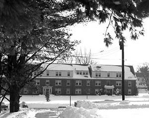 Hunter Hall in the snow from across the Lower Quad, December 1959.