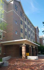 Entrance to Peterson Hall, taken from an angle, July 2016.