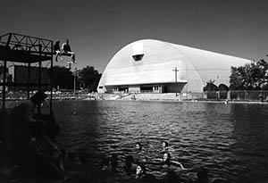 Snively Arena with outdoor pool in the foreground, ca. 1965.