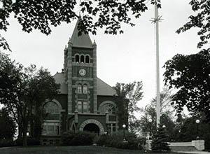 Thompson Hall and flagpole, taken by Clement Moran, summer 1930.